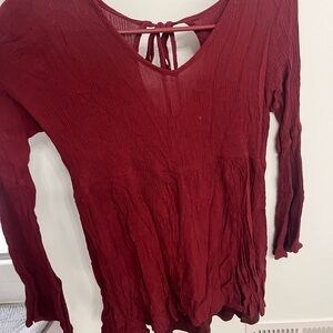 Altar'd State Red Long Sleeve Ribbed Tie Front Blouse